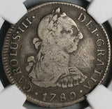 1780 NGC F 15 Peru 2 Reales Charles III Lima Pillars Colonial Silver Coin (26041503C)
