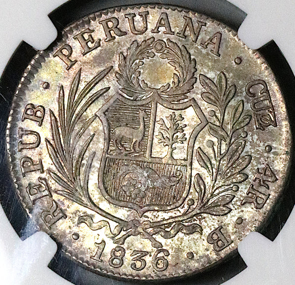 1836-B NGC UNC Peru Cuzco 4 Reales Standing Liberty Scarce Silver Coin  (25110701C)