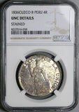 1836-B NGC UNC Peru Cuzco 4 Reales Standing Liberty Scarce Silver Coin  (25110701C)