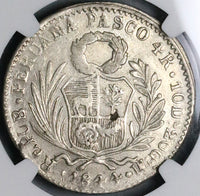 1844 NGC AU Peru 4 Reales Pasco Mint Rare Standing Liberty Silver Coin (23052602C)