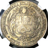 1882 NGC AU 55 Peru 5 Pesetas Ayacucho Mint Scarce Chile Occupation Silver Coin (23040902D)