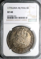 1775 NGC XF 40 Peru 8 Reales Charles III Lima Pillars Silver Dollar Coin (25051302D)