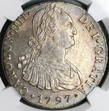 1797 NGC AU 55 Peru 8 Reales Charles IIII Lima Pillars Dollar Coin (23102403C)