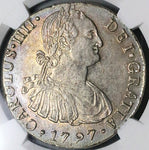 1797 NGC AU 55 Peru 8 Reales Charles IIII Lima Pillars Dollar Coin (23102403C)