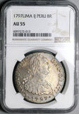 1797 NGC AU 55 Peru 8 Reales Charles IIII Lima Pillars Dollar Coin (23102403C)