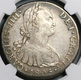 1805 NGC VF 35 Peru 8 Reales Charles IV Lima Pillars Dollar Silver Coin (24062001C)