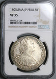 1805 NGC VF 35 Peru 8 Reales Charles IV Lima Pillars Dollar Silver Coin (24062001C)