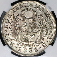 1838 NGC MS 62 North Peru 8 Reales Lima Mint State Standing Liberty Silver Coin (23061401D)