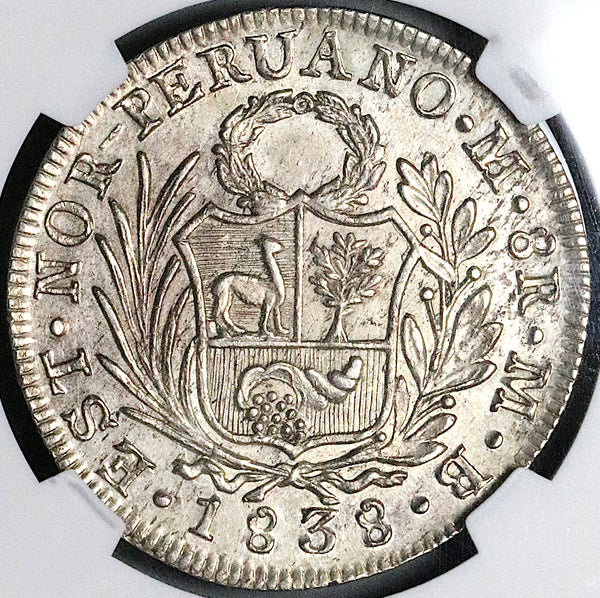 1838 NGC MS 62 North Peru 8 Reales Lima Mint State Standing Liberty Silver Coin (23061401D)