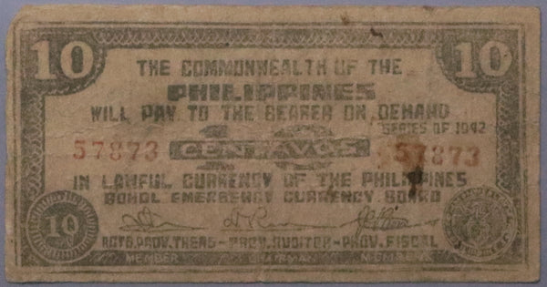 1942 Philippines 10 Centavos Bohol Emergency WWII Note (23052704R)