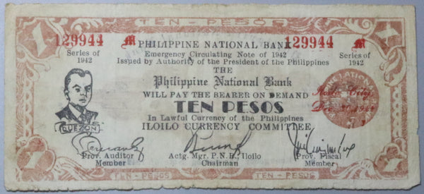 1942 Philippines 10 Pesos Iloilo City Quezon Emergency WWII Note (23060401R)
