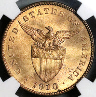 1910-S NGC MS 65 Philippines 1 Centavo RB USA Administration Coin (23091501C)