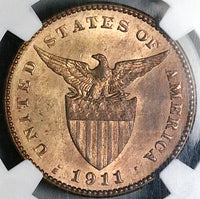 1911-S NGC MS 64 RB Philippines 1 Centavo San Francisco Mint State Coin (25061502C)