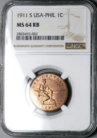1911-S NGC MS 64 RB Philippines 1 Centavo San Francisco Mint State Coin (25061502C)