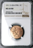1911-S NGC MS 64 RB Philippines 1 Centavo San Francisco Mint State Coin (25061502C)