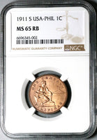 1911-S NGC MS 65 Philippines 1 Centavo RB USA Administration Coin (23091502C)