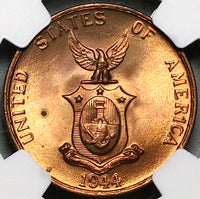 1944-S NGC MS 64 RED Philippines 1 Centavo Mint State USA Coin (24031701C)