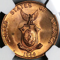 1944-S NGC MS 64 RED Philippines 1 Centavo Mint State USA Coin (24031701C)