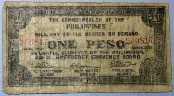 1943 Philippines 1 Peso Bohol Emergency WWII Note (23053002R)