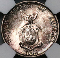 1945-D NGC MS 64 Philippines 20 Centavos WWII USA Silver Coin (24031704C)