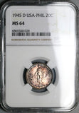 1945-D NGC MS 64 Philippines 20 Centavos WWII USA Silver Coin (24031704C)