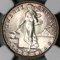 1945-D NGC MS 65 Philippines 20 Centavos GEM WWII USA Denver Silver Coin (23110703C)