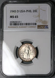 1945-D NGC MS 65 Philippines 20 Centavos GEM WWII USA Denver Silver Coin (23110703C)