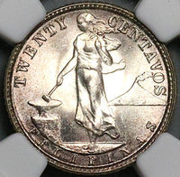 1945-D NGC MS 65 Philippines 20 Centavos GEM WWII USA Silver Coin (24101302C)