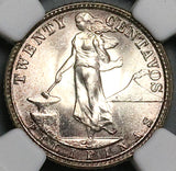 1945-D NGC MS 65 Philippines 20 Centavos GEM WWII USA Silver Coin (24101302C)