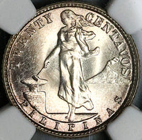 1945-D NGC MS 65 Philippines 20 Centavos GEM WWII USA Silver Coin (24101302C)