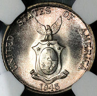 1945-D NGC MS 65 Philippines 20 Centavos GEM WWII USA Silver Coin (24101302C)