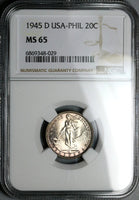 1945-D NGC MS 65 Philippines 20 Centavos GEM WWII USA Silver Coin (24101302C)