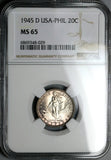 1945-D NGC MS 65 Philippines 20 Centavos GEM WWII USA Silver Coin (24101302C)