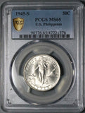 1945-S PCGS MS 65 Philippines Silver 50 Centavos GEM WWII USA Coin (26022002C)