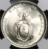 1945-S NGC MS 65 Philippines Silver 50 Centavos GEM WWII USA Coin (24053103C)