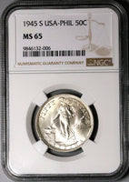 1945-S NGC MS 65 Philippines Silver 50 Centavos GEM WWII USA Coin (24053103C)