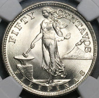 1945-S NGC MS 67 Philippines Silver 50 Centavos GEM WWII USA Coin (25091101D)