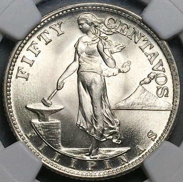 1945-S NGC MS 67 Philippines Silver 50 Centavos GEM WWII USA Coin (25091101D)