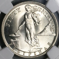 1945-S NGC MS 67 Philippines Silver 50 Centavos GEM WWII USA Coin (25091101D)