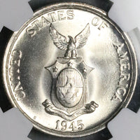 1945-S NGC MS 67 Philippines Silver 50 Centavos GEM WWII USA Coin (25091101D)