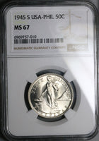 1945-S NGC MS 67 Philippines Silver 50 Centavos GEM WWII USA Coin (25091101D)