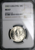 1945-S NGC MS 67 Philippines Silver 50 Centavos GEM WWII USA Coin (25091101D)