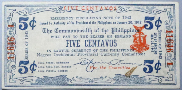 1942 Philippines 5 Centavos Negros Occidental Emergency WWII Note (23052701R)