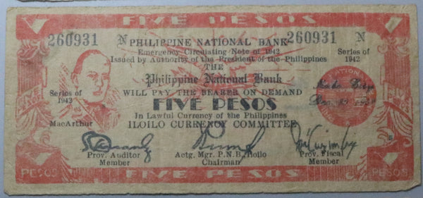 1942 Philippines 5 Pesos Iloilo City General MacArthur Emergency WWII Note (23052902R)