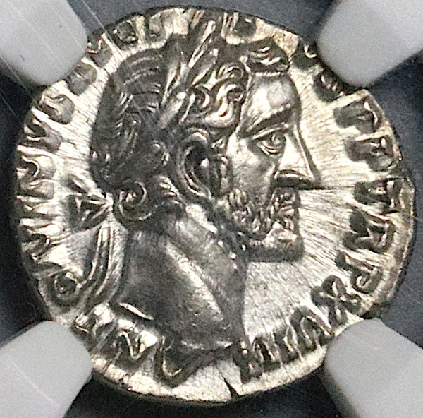 154 NGC AU Antoninus Pius Roman Empire AR Denarius Fortuna Rudder (25090702C)