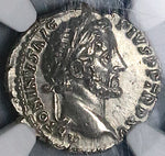 151 Antoninus Pius NGC Ch AU Roman Empire Denarius Vesta Simpulum Palladium (24021203C)