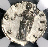 151 Antoninus Pius NGC Ch AU Roman Empire Denarius Vesta Simpulum Palladium (24021203C)