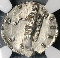 151 Antoninus Pius NGC Ch AU Roman Empire Denarius Vesta Simpulum Palladium (24021203C)