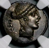 48 BC NGC AU Albinus Bruti Brutus Roman Imperatorial Republic AR Denarius Pietas Julius Caesar Assassin Silver Coin (26071303C)
