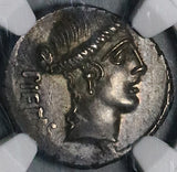 48 BC NGC AU Albinus Bruti Brutus Roman Imperatorial Republic AR Denarius Pietas Julius Caesar Assassin Silver Coin (26071303C)